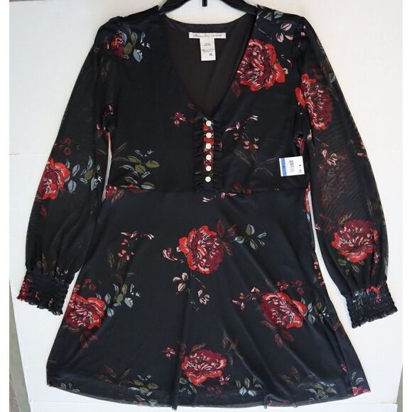 American Rag Women's Sz XL Black Joyful Floral V-Neck Center Front Ruffle Dress - Picture 10 of 15